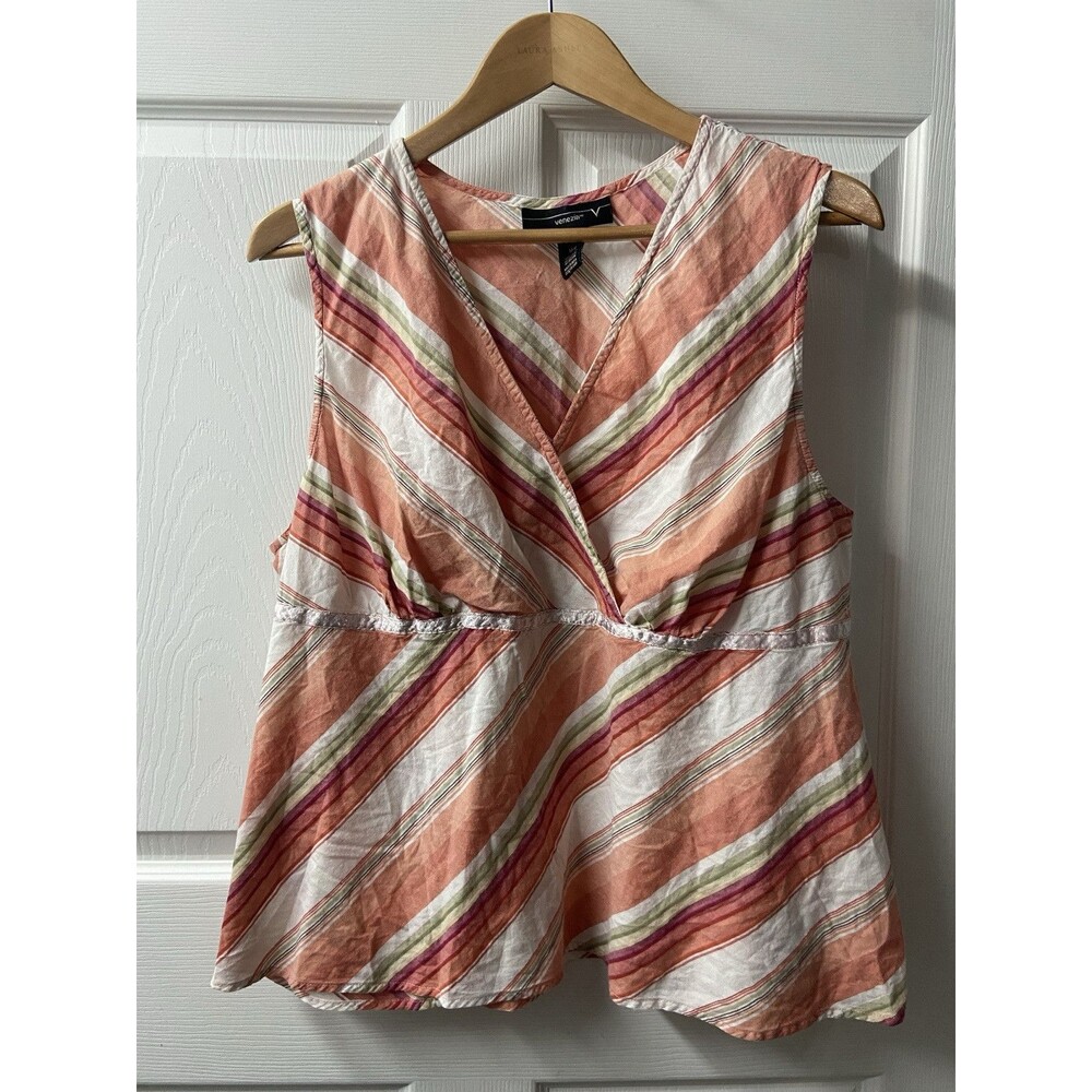 Venezia Tank Top Womens Size 14/16 Pink Orange Faux Wrap  Cotton  Sleeveless